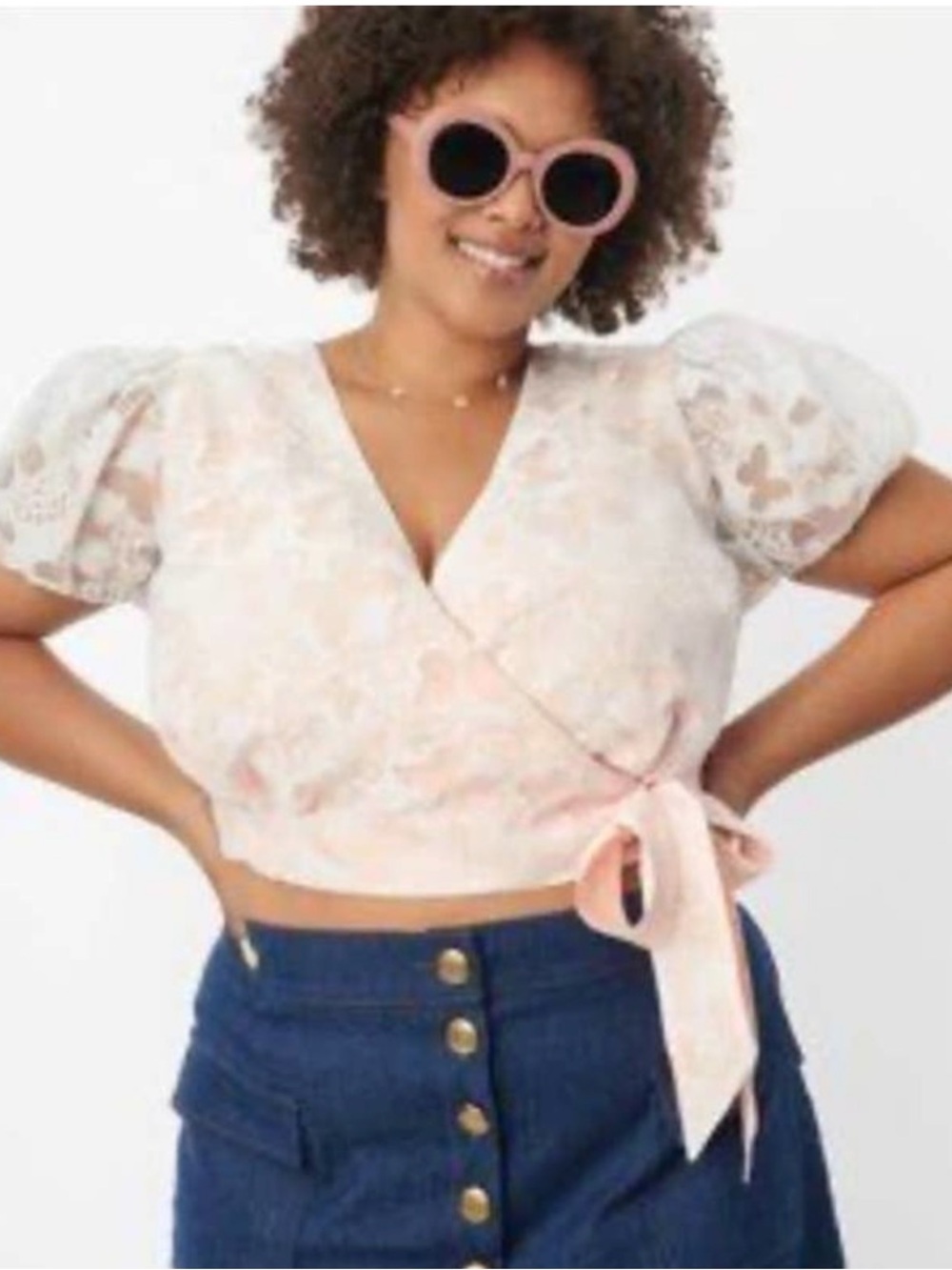 Unique Vintage Light Pink Lace Wrap Crop Top with Puff Sleeves